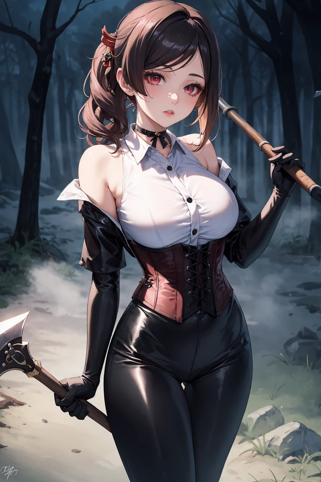  Masterpiece, Beautiful art, professional artist, 8k, Very detailed face, Detailed clothing, detailed fabric, 1 girl, Chiori \(genshin impact\), standing, perfectly drawn body, big breasts, shy expression, pale skin, beautiful face, long black hair, 4k eyes, very detailed eyes, pink cheeks, choker:1.6, (white collar button down long sleeve shirt), black gloves, gloves that cover hands, (holds an ax with his right hand), (black leather corset), (shiny black leggings), Sensual Lips , evening de invierno, show details in the eyes, looking at the viewer, Dark road, dark forest, evening, Atmosphere, fog