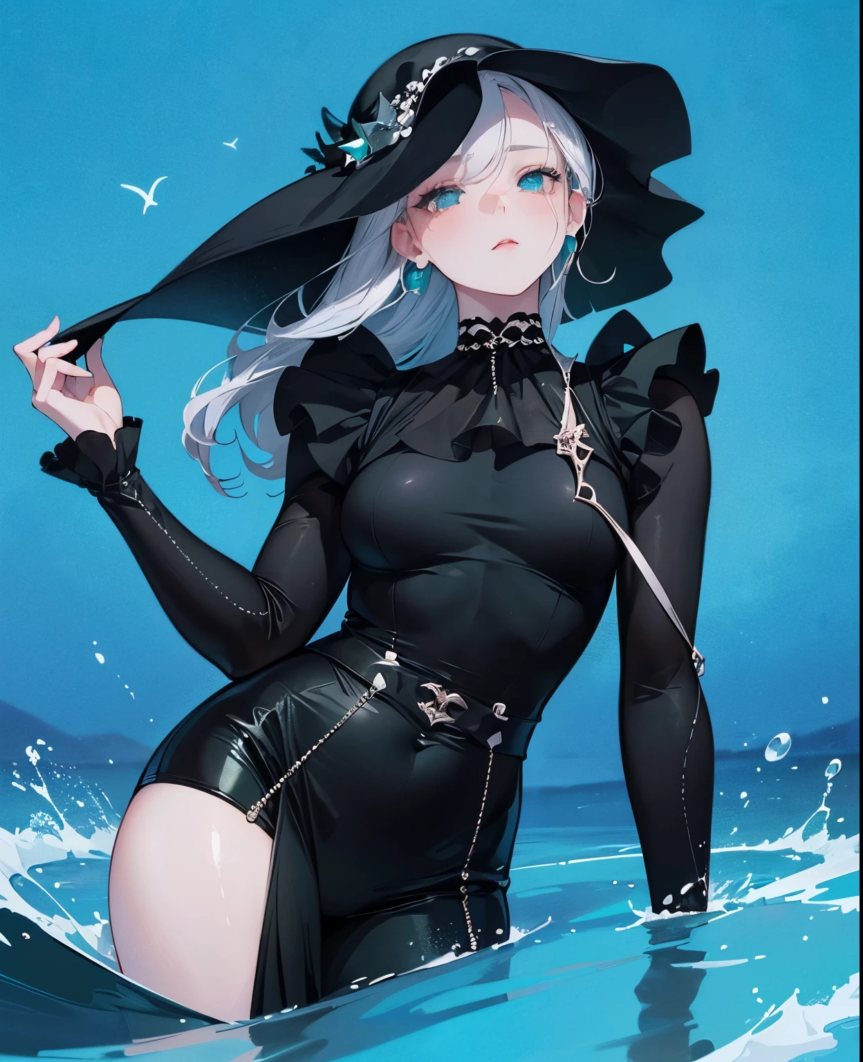 ((dark fantasy)), ((wavy hair, silver hair color, pale skin),(((green aquamarine eyes))), freckles, warm light,( 16 years old),busty,Glamour,Gorgeous,monochromes,erotic posing,Dynamic Posing,Arrange Pose,Dramatic,Cinematic,Detailed background, Dynamic Angle,From the angle of the film,Gothic background, Dark fantastic view,Best Quality,masutepiece,8K,The ultimate detailed dark background, Top image quality、RAW photography、超A high resolution,cropped shoulders, overall look is very erotic、Shot for one person only, model shoot, Large round chest, Beautiful Eyes of Details、Very slender eyes、Beautiful eyelashes、Very slim physique, with blush cheeks,Pearl Beaded Bralet Top, ((pearl top)), opal pearl in hand