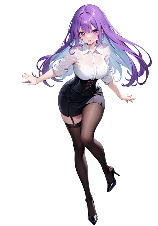 Purple hair,long hair,Adult female,((White shirt)),((Rolling up your sleeves shirt)),(corset),(skirt),High heels,((Simple White background)),Smile,((Full body)),((whole body)),(((upright)))