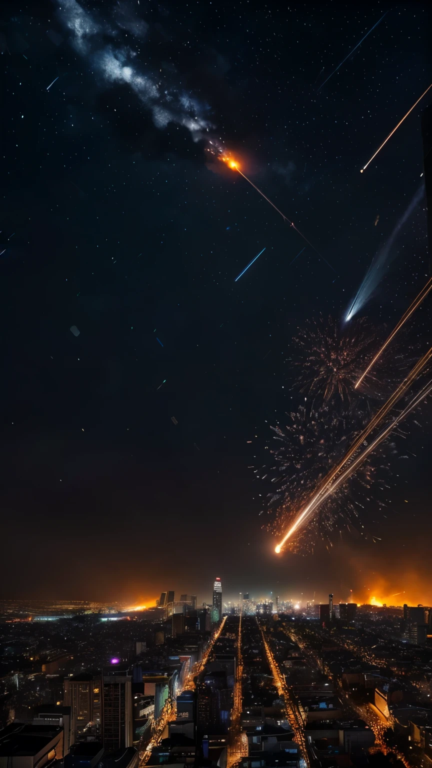 A night sky over a city, countless fireballs raining down, moments before impact, massive, multiple meteors, insanely detailed, (best quality,4k,8k,highres,masterpiece:1.2),ultra-detailed,(realistic,photorealistic,photo-realistic:1.37),HDR,UHD,studio lighting,ultra-fine painting,sharp focus,physically-based rendering,extreme detail description,professional,vivid colors,bokeh,dramatic lighting,cinematic composition,epic scale,apocalyptic,dark fantasy