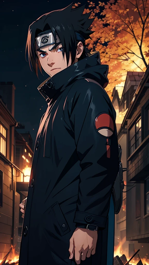 1male, Sasuke Uchiha, wearing a black coat, Uchiha mark on coat, red glowing detailed eyes, bonfire night, best quality, 3D figure, octane rendered, 24K resolution, extremely detailed 