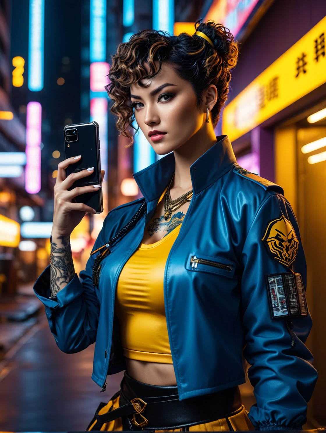 Chun-Li cinematic photo (Street Fighter) while a cyberpunk-style assassin holds a high-tech weapon with tattoos on his face, ready to shoot gun, wariza, 
killer is wearing a yellow-orange (crayons) high tech neon armor, wires and cables are connected to the killer&#39;s head and body,
The background is outside cyberpunk neon building, night time, long-range shooting, fisheye vision, shot from above, high-tech sensory atmosphere, (sfw:1.331), 35mm photography, film, bokeh, proffesional, 4K, highly detailed mixed with woman taking a selfie in the mirror, cropped shirt with jacket, with shorth hair, cabelo cacheado e curto, curly hair with pixie cut, wearing a flannel shirt, low-cut top, pixie curly hair, outfit photo, 2 4 year old female model, with shorth hair with bangs, flannel, profile pic, shorth hair, short curly hair