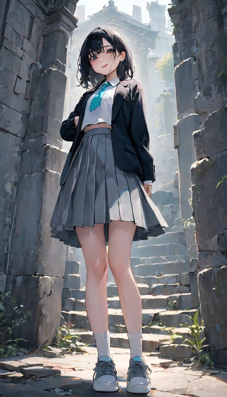 (8K, RAW Photos, 最high quality, masterpiece:1.2), high qualityのRAWカラー写真, Professional photo shoot, Cinematic Light, alone, (((young woman, Gal))), (Sharp features), (Small face), (Skin with attention to detail:1.2), clavicle, Cute face, Beautiful appearance, Long eyelashes,Girl Turning Around, smile, (Black Hair, Long straight line), high school student, Red tie, Of high school:1.2, Black jacket, Open jacket, Jacket cuff buttons, White shirt, Check skirt,(( Gray ruins)), Confident attitude, Capture the happy moment, Artistic painting,Attractive thighs, loose socks:1.2, sneakers:1.2, (A very fine touch:1.2), (はにかんだsmile), Peaceful atmosphere, Bright colors, (Are standing:1.5, Leaning against the ruins, Full body portrait), Smooth texture, Gazing Eyes, Beautiful Skin, Shiny skin, ((Perfect Fingers, Five Fingers, Anatomically correct)), high quality, Surreal, ((Very detailed, photo shoot)),(Skirt flip、I can see her panties),,、Dramatic lighting、mysterious、Strong contrast