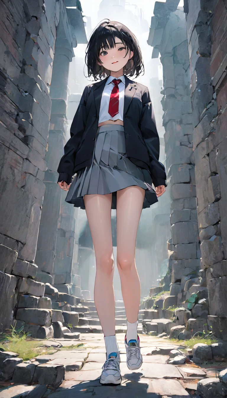 (8K, RAW Photos, 最high quality, masterpiece:1.2), high qualityのRAWカラー写真, Professional photo shoot, Cinematic Light, alone, (((young woman, Gal))), (Sharp features), (Small face), (Skin with attention to detail:1.2), clavicle, Cute face, Beautiful appearance, Long eyelashes,Girl Turning Around, smile, (Black Hair, Long straight line), high school student, Red tie, Of high school:1.2, Black jacket, Open jacket, Jacket cuff buttons, White shirt, Check skirt,(( Gray ruins)), Confident attitude, Capture the happy moment, Artistic painting,Attractive thighs, loose socks:1.2, sneakers:1.2, (A very fine touch:1.2), (はにかんだsmile), Peaceful atmosphere, Bright colors, (Are standing:1.5, Leaning against the ruins, Full body portrait), Smooth texture, Gazing Eyes, Beautiful Skin, Shiny skin, ((Perfect Fingers, Five Fingers, Anatomically correct)), high quality, Surreal, ((Very detailed, photo shoot)),(Skirt flip、I can see her panties),,、Dramatic lighting、mysterious、Strong contrast