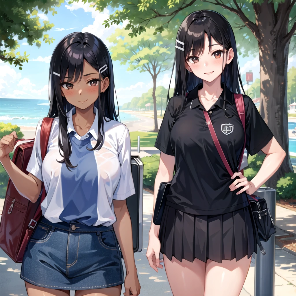 ((best quality)), ((masterpiece)), (details), one girl, sexy ((best quality)), ((masterpiece)), (details), one girl, sexy ((best quality)), ((masterpiece)), (details), one girl, full body, sexy expensive body, expensive, long legs, mature woman, mature, adult, it_nagatoro_main, Hayase Nagatoro, one girl, blushing, alone, uniform polo shirt, short sleeves, black hair, bag, brown eyes, hair accessory, looking at viewer, hair clip, outdoors, backpack, smiling, long hair, dark skinned woman, dark skin, , bangs, daytime, skirt, collared shirt, collarbone, ear clip, mouth closed, tree, asymmetrical bangs, upper body
