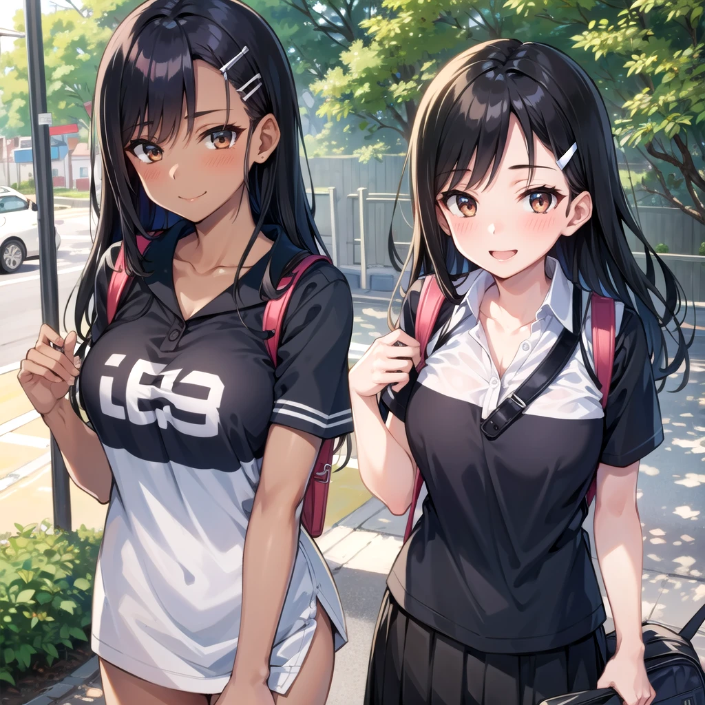 ((best quality)), ((masterpiece)), (details), one girl, sexy ((best quality)), ((masterpiece)), (details), one girl, sexy ((best quality)), ((masterpiece)), (details), one girl, full body, sexy expensive body, expensive, long legs, mature woman, mature, adult, it_nagatoro_main, Hayase Nagatoro, one girl, blushing, alone, uniform polo shirt, short sleeves, black hair, bag, brown eyes, hair accessory, looking at viewer, hair clip, outdoors, backpack, smiling, long hair, dark skinned woman, dark skin, , bangs, daytime, skirt, collared shirt, collarbone, ear clip, mouth closed, tree, asymmetrical bangs, upper body