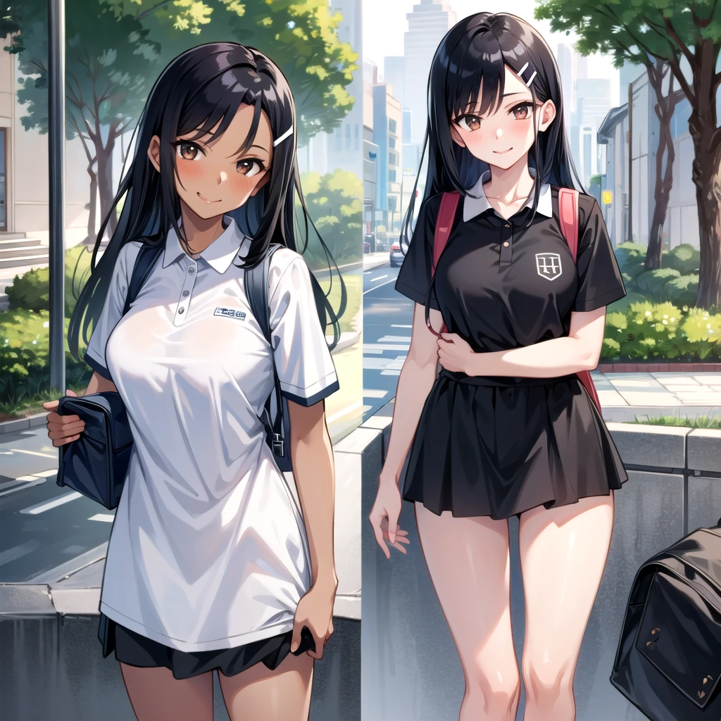 ((best quality)), ((masterpiece)), (details), one girl, sexy ((best quality)), ((masterpiece)), (details), one girl, sexy ((best quality)), ((masterpiece)), (details), one girl, full body, sexy expensive body, expensive, long legs, mature woman, mature, adult, it_nagatoro_main, Hayase Nagatoro, one girl, blushing, alone, uniform polo shirt, short sleeves, black hair, bag, brown eyes, hair accessory, looking at viewer, hair clip, outdoors, backpack, smiling, long hair, dark skinned woman, dark skin, , bangs, daytime, skirt, collared shirt, collarbone, ear clip, mouth closed, tree, asymmetrical bangs, upper body