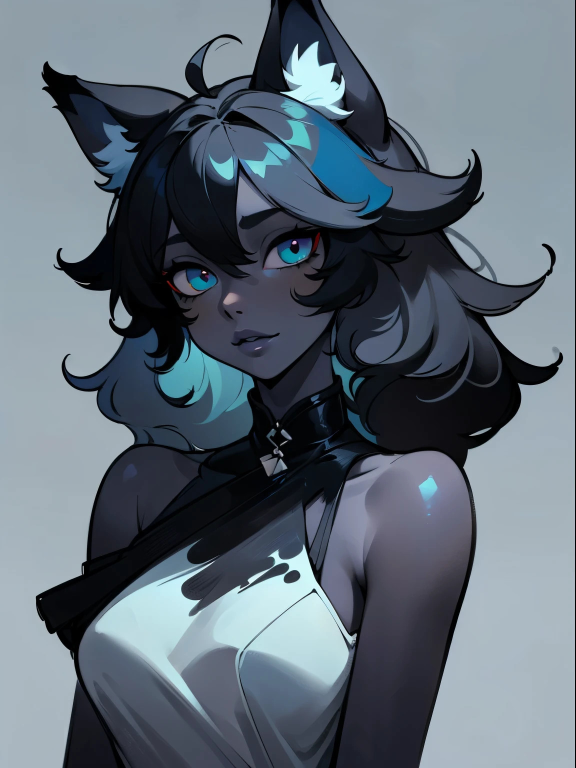 (masterpiece,best quality,ultra-detailed),1girl,black hair,messy hair,(fox ears),(black fox ears),beautiful eyes,(colored skin, grey-blue skin),(grey theme),(pastel colors theme), lips parted, sundress