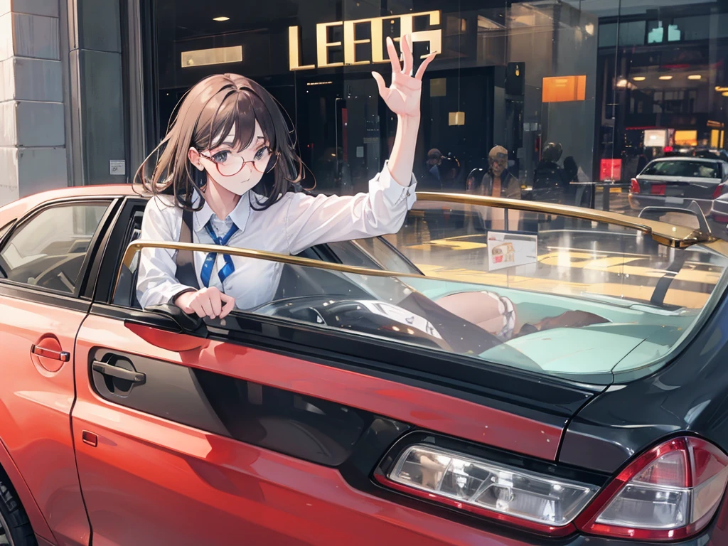 Impatient woman leaning on car window，Wearing gold-rimmed glasses，30 years old
