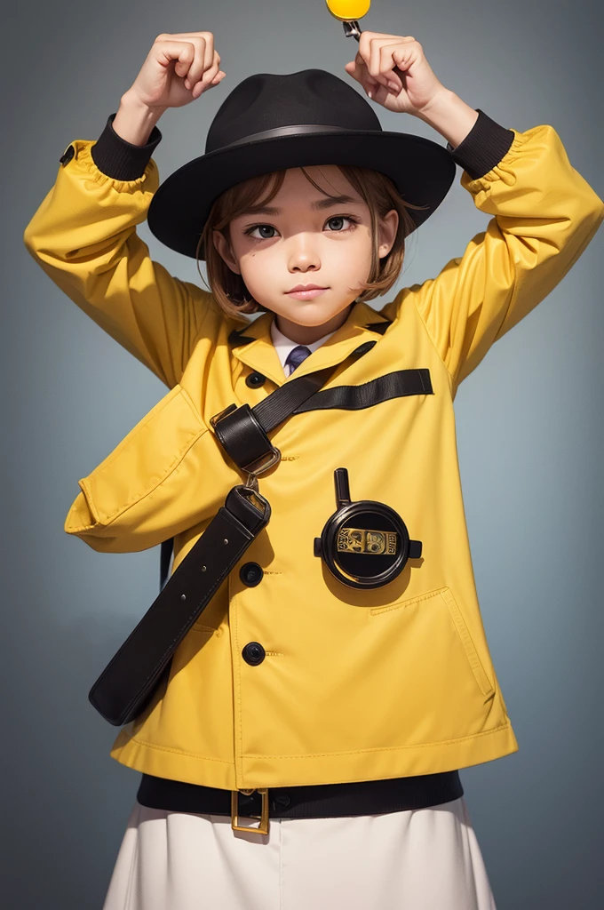 Yellow investigator emoji holding a magnifying glass next to his eye and wearing a hat