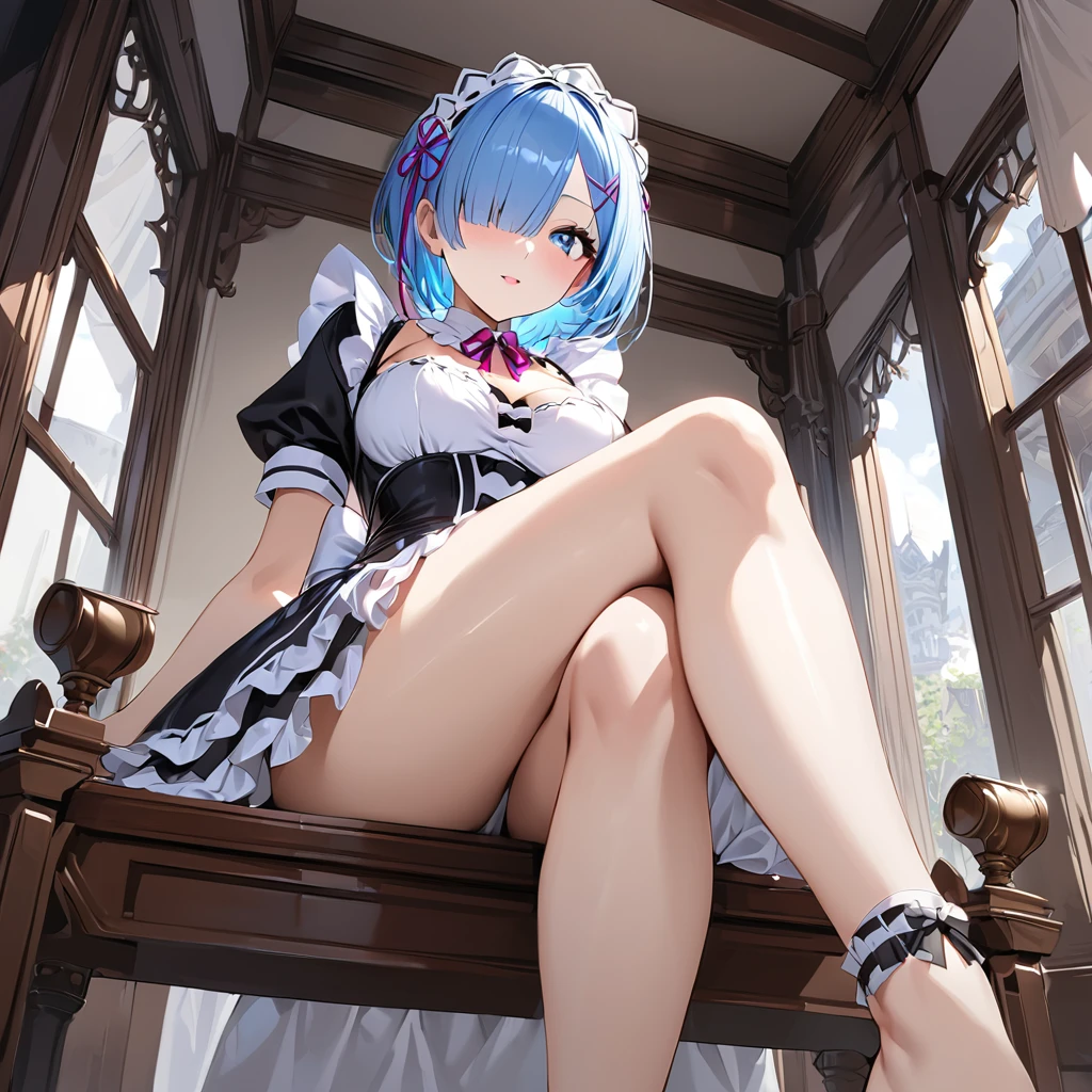 score_9, score_8_up, score_7_up, rem_\(re:zero\)
blue_eyes,hair_over_one_eye,short_hair,blue_hair,hair_ribbon,roswaal_mansion_maid_uniform, 1girl, solo, sitting, crossed legs, from below
Masterpiece, best quality, detailed eyes, perfect face, award winning, hyper-realistic