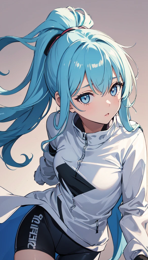 (masterpiece), (best quality), (ultra detailed),(disheveled hair),(illustration), (1girl), (cycling wear), standing, Fashion model, looking at viewer, (interview), (simple background),beautiful detailed eyes, delicate beautiful face, focus on face, ponytail, kamisato ayaka, light blue hair, bangs, best lighting, best shadow,