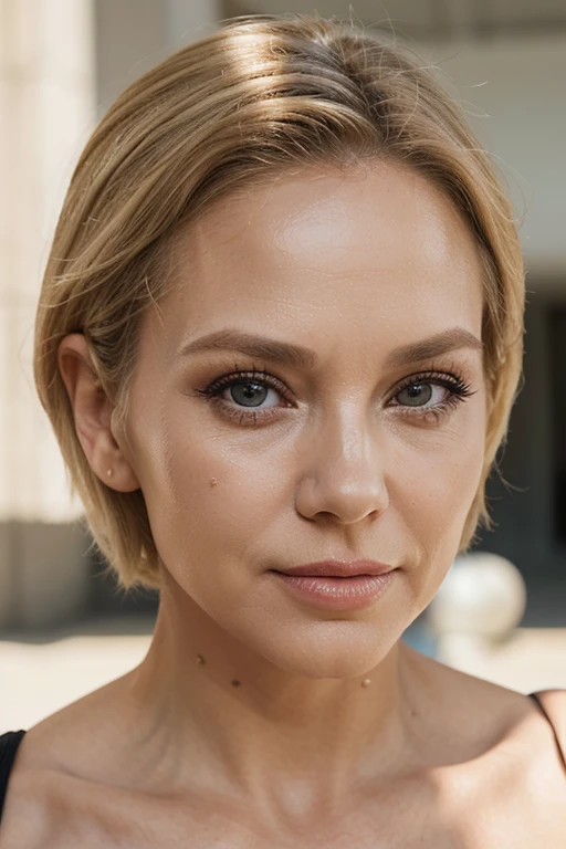 Stylish lady 60 years old, blonde hair, short hair, full lips, big forehead, bright makeup, An open face, Pronounced wrinkles, round face, hyper realistic eyes, volumetric lighting, Best quality, Tone Mapping, sharp focus
