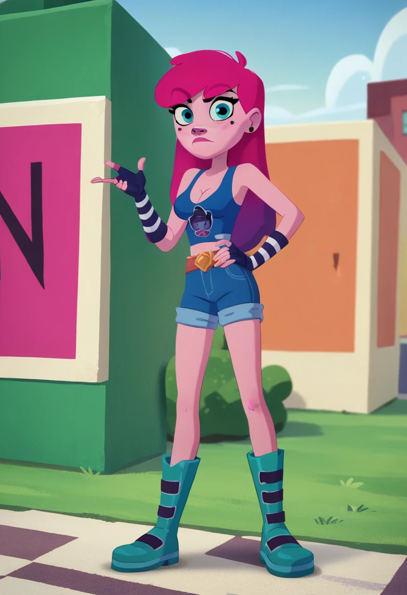 AnyMalu, 1girl, gloves, solo, earrings, fingerless gloves, blue eyes, pink hair, jewelry, boots, long hair, makeup, pants, blue footwear, standing, aqua footwear, black gloves, full body, sleeveless, looking at viewer,shorts,outdoors, hand on own hip, cleavage,, score_9, score_8_up, score_7_up, score_6_up