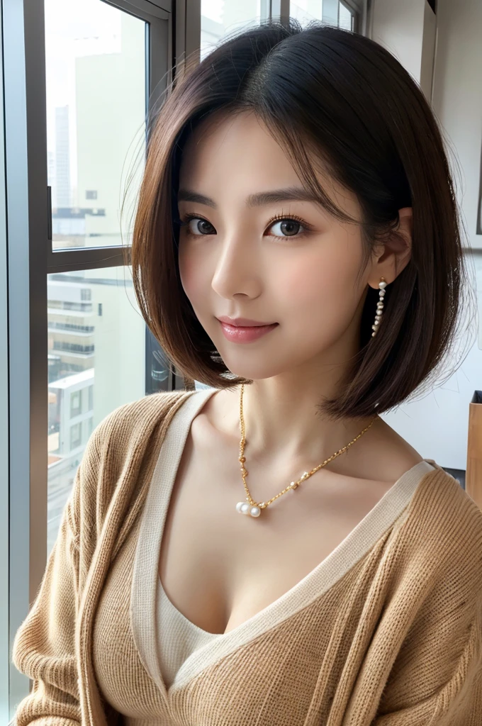 company office,executive secretary,((full body)),((photo)),((best qualtiy, 8K, tmasterpiece:1.3)), Focus:1.2, perfect figure beautiful girl:1.4,1girl,cowboy shot,look at viewer, eyes facing the camera,incredibly absurd, beautiful and cute girl with a photorealistic face, showcasing top-quality craftsmanship, Japanese woman working in an office, 22 years old, hairstyle is black bob hair, inward curling hair reaching the jaw line, thin and soft hair, wide forehead with beautiful hairline, thin eyebrows, large almond-shaped eyes, light brown eyes, long eyelashes, double eyelids, straight nose, small lips, smile with upturned corners, fair and translucent skin, plump cheeks, cute impression, glamorous, tall, well-balanced proportions, large E-cup breasts, beige V-neck knit, white tight skirt, heeled pumps, pearl necklace and earrings, small bag, gold watch, beautiful, pretty older woman, neat, serious, hardworking, kind, considerate, highly trusted by those around her, April