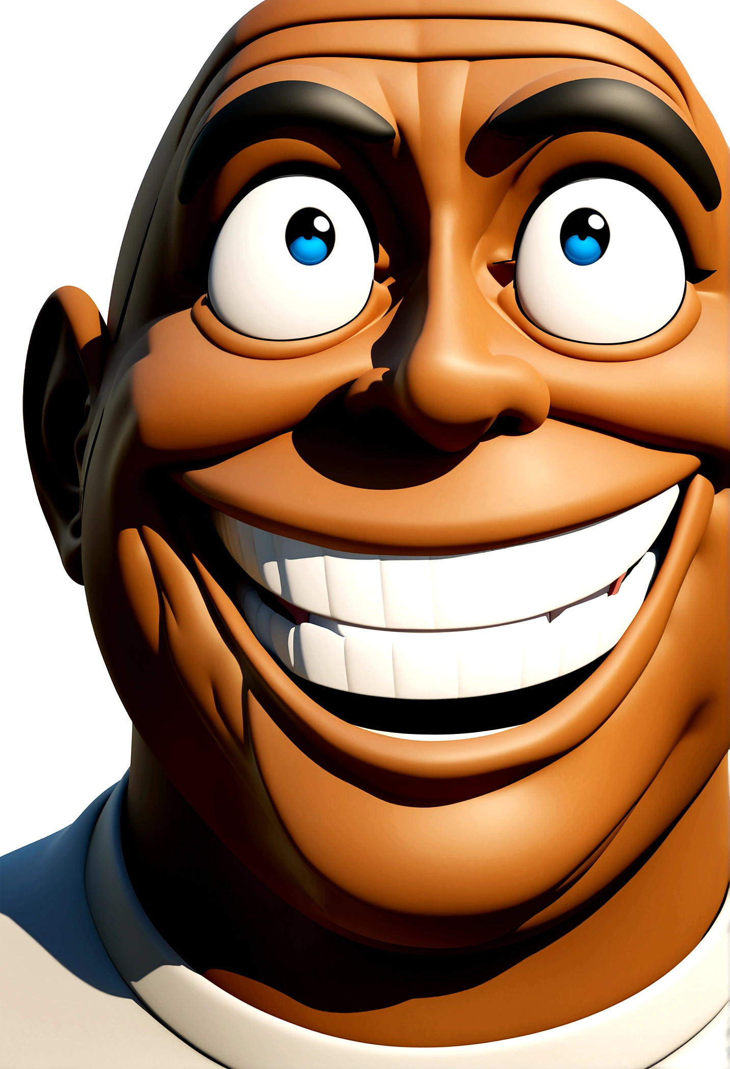 Illustration of smiling man, insane smile, brown skin man with a giant grin, smiling happily at the camera, cheeky smile, he is smiling, very huge smile, smiling male, headshot profile picture, laughing huge smile, drawing in 3D Art style, C4D, pure white color background, Disney  style, pixar style render illustration Super Detail, 8K