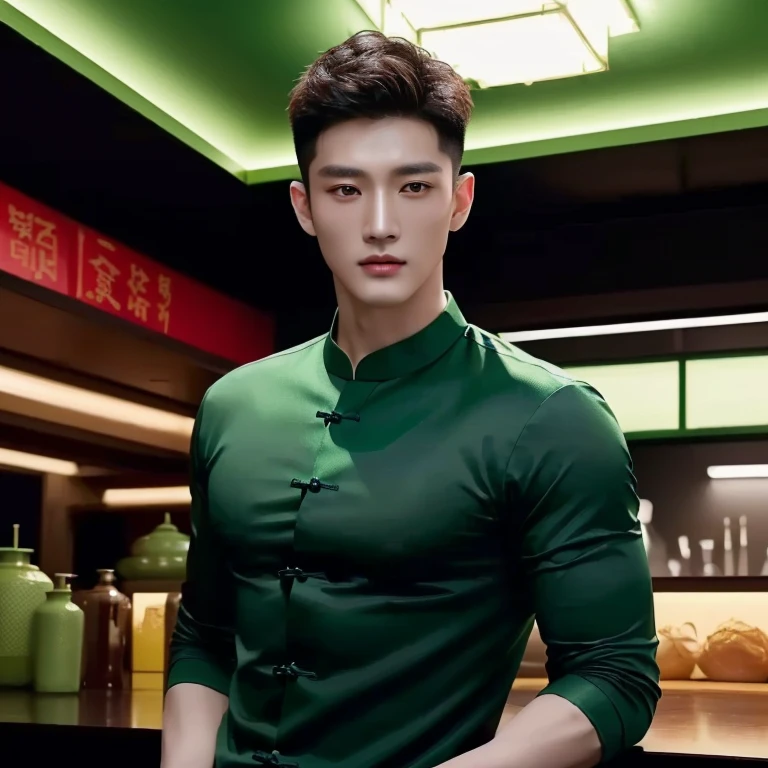 ชายอาราฟสวมGreen Shirtยืนอยู่หน้าบาร์,Southeast Asians with round faces, Open the aperture wide., professional lighting, Dark green round neck shirt, Green Shirt, Elegant dark green clothes, in the style of sifu :2, smooth hair, Handsome Chad Chin, ในDark green round neck shirt, Green Shirt, smooth hair, Handsome Chad Chin, 8k images, Shot with a high quality Fuji 45 camera., Pixels, best quality, Masterpiece:1.2), (realistic, photo-Southeast Asians with round faces, Open the aperture wide., professional lighting, Sony A7R4, 50 mm sitting lens. 2 black eyes,muscle, (digital painting, HDR, high contrast), 3d, 8K, 45,000,000 pixcls, Inspiration from Zhang Han, Inspiration from Zhou Chen, Inspiration from Guan Tao Sheng, Handsome Chad Chin, Ryan Jia, Bo Chen, Chai Sukun, Inspiration from Huang Gongguang, inspired by Chen Chi, handsome man, Inspiration from Chen Lu, Yanjun Chengt, luchi