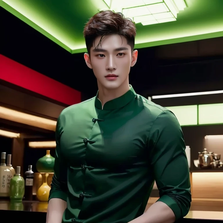 ชายอาราฟสวมGreen Shirtยืนอยู่หน้าบาร์,Southeast Asians with round faces, Open the aperture wide., professional lighting, Dark green round neck shirt, Green Shirt, Elegant dark green clothes, in the style of sifu :2, smooth hair, Handsome Chad Chin, ในDark green round neck shirt, Green Shirt, smooth hair, Handsome Chad Chin, 8k images, Shot with a high quality Fuji 45 camera., Pixels, best quality, Masterpiece:1.2), (realistic, photo-Southeast Asians with round faces, Open the aperture wide., professional lighting, Sony A7R4, 50 mm sitting lens. 2 black eyes,muscle, (digital painting, HDR, high contrast), 3d, 8K, 45,000,000 pixcls, Inspiration from Zhang Han, Inspiration from Zhou Chen, Inspiration from Guan Tao Sheng, Handsome Chad Chin, Ryan Jia, Bo Chen, Chai Sukun, Inspiration from Huang Gongguang, inspired by Chen Chi, handsome man, Inspiration from Chen Lu, Yanjun Chengt, luchi