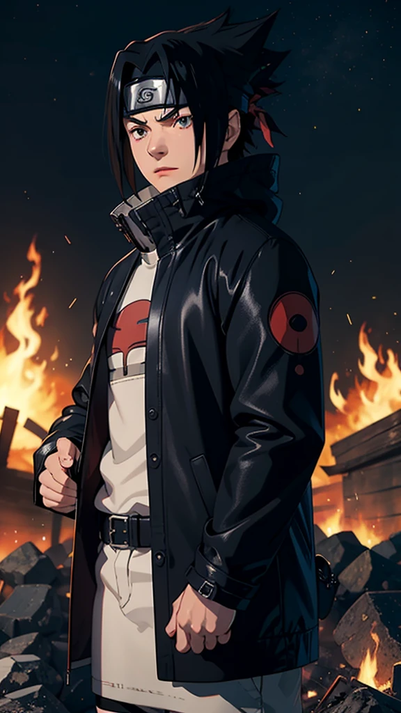1male, Sasuke Uchiha, wearing a black coat, Uchiha mark on coat, red glowing detailed eyes, bonfire night, best quality, 3D figure, octane rendered, 24K resolution, extremely detailed