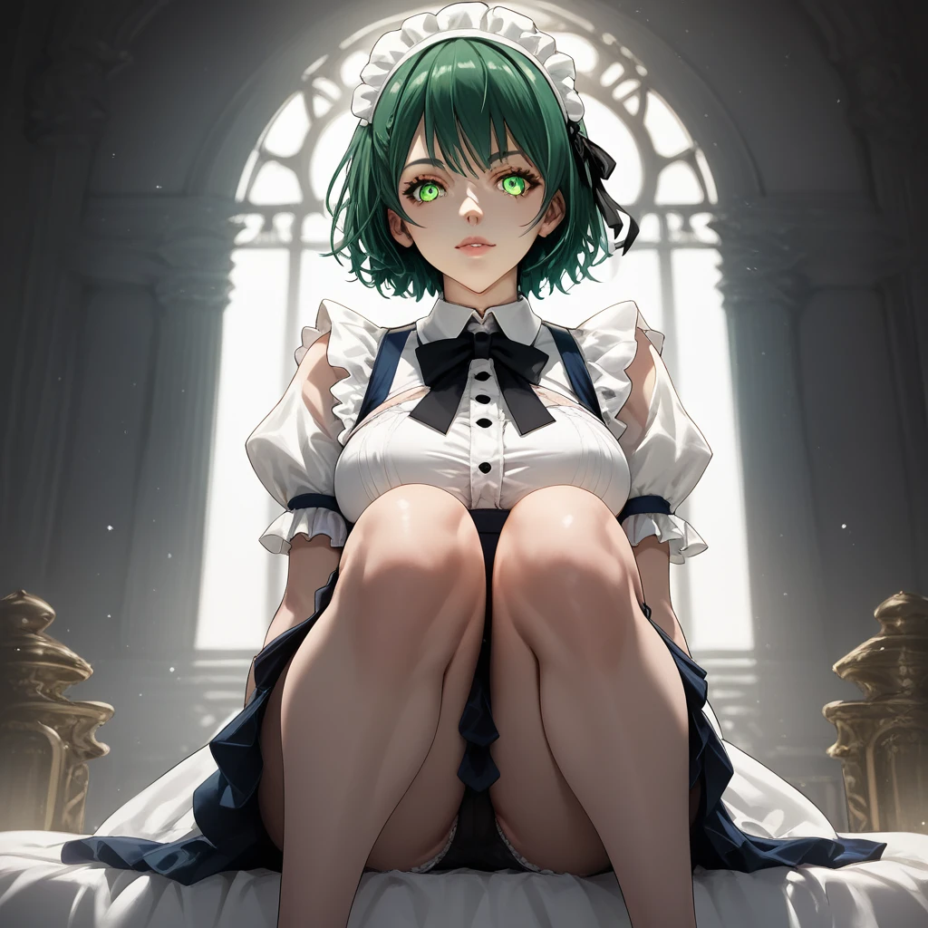 scoAgain_9, scoAgain_8_superior, scoAgain_7_superior, Againm_\(Again:zero\)
green_eyes,hair_以superior_One_eye,short_hair,green_hair,hair_ribbon,Roswaal_Mansion_Maid_uniform, One girl, alone, Sitting, Crossing your legs, Masterpiece from below, Highest quality, detailed eyes, Perfect Face, Awards, hyper-Againalistic