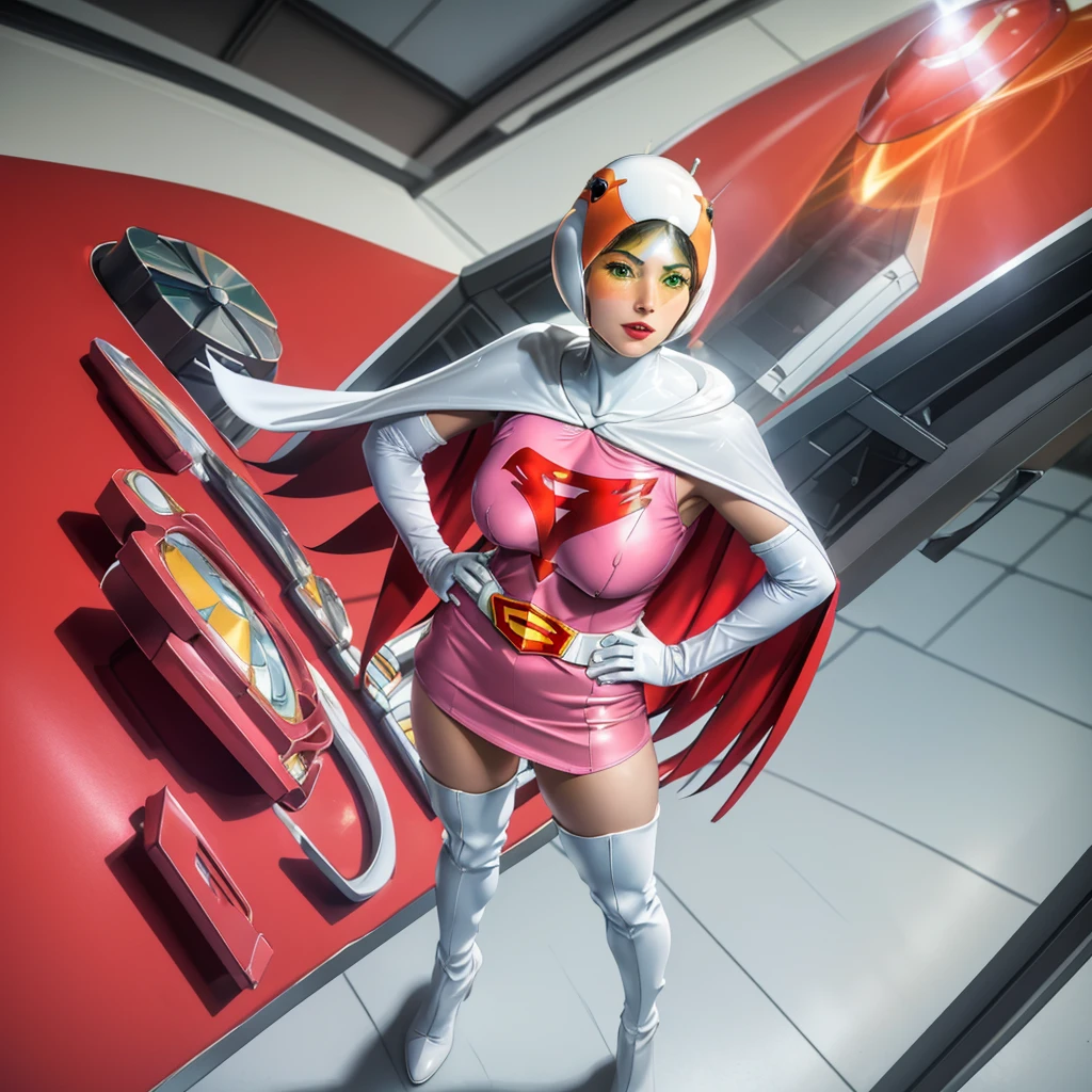 ANI_CLASSIC_jun_gatchaman_ownwaifu,1girl, 15 years old,good anatomy, masterpiece, best quality,realistic, hyperrealistic, 16k hdr,breasts,green eyes,lips,large breasts,lipstick,makeup,gloves,cape,helmet,belt,elbow gloves,white gloves,mask,ultra miniskirt,leotard,spacesuit,white tight overknee highheels boots,pink dress,superhero,bodysuit,cleavage,erected nipples,((stand pose,hands on hip,view from below)),cameltoe