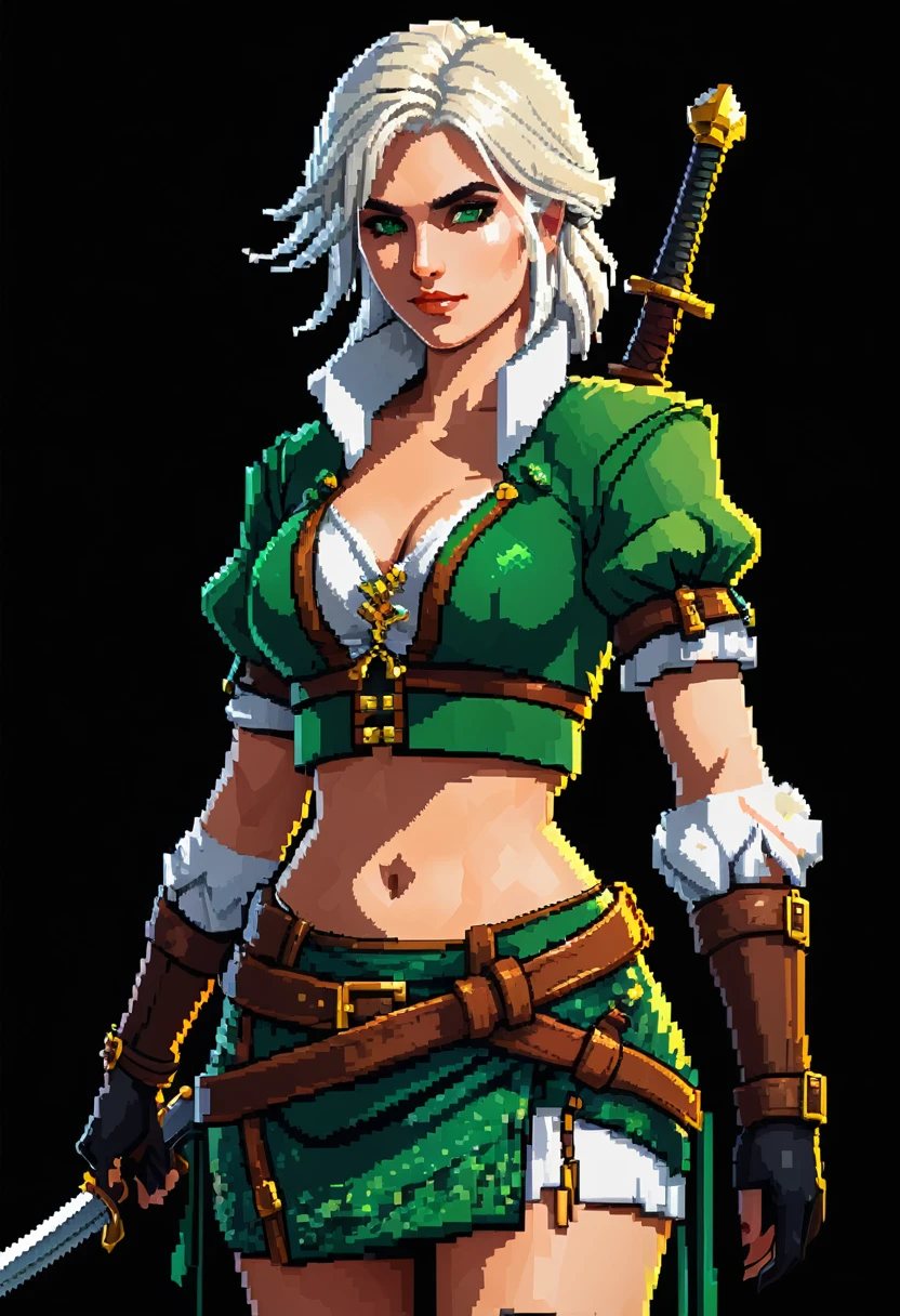 Pixel-Art, seductive assassin,Ciri, witcher game character, St. Patrick's Day style, Pixelated, Leonardo Style, 