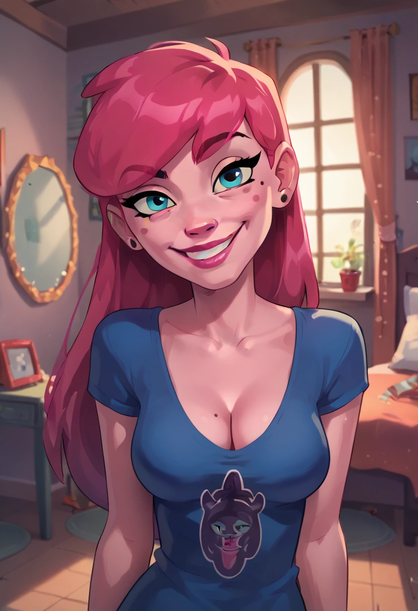 AnyMalu, 1girl, pink skin, pink hair, solo, breasts, cleavage,smile, lips,  blue eyes, shirt, earrings, indoors, jewelry, mole, medium breasts,looking at viewer,  score_9, score_8_up, score_7_up, score_6_up  zPDXLxxx 