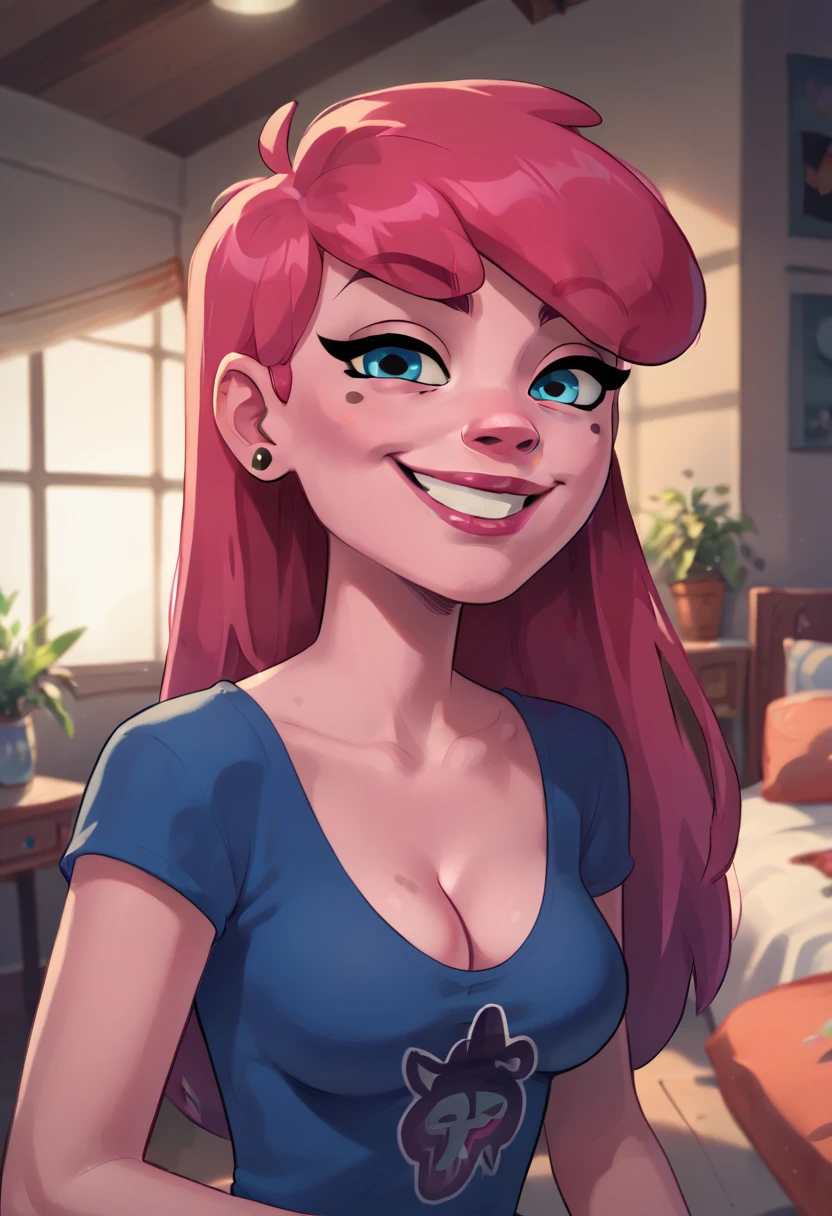 AnyMalu, 1girl, pink skin, pink hair, solo, breasts, cleavage,smile, lips,  blue eyes, shirt, earrings, indoors, jewelry, mole, medium breasts,looking at viewer,  score_9, score_8_up, score_7_up, score_6_up  zPDXLxxx 