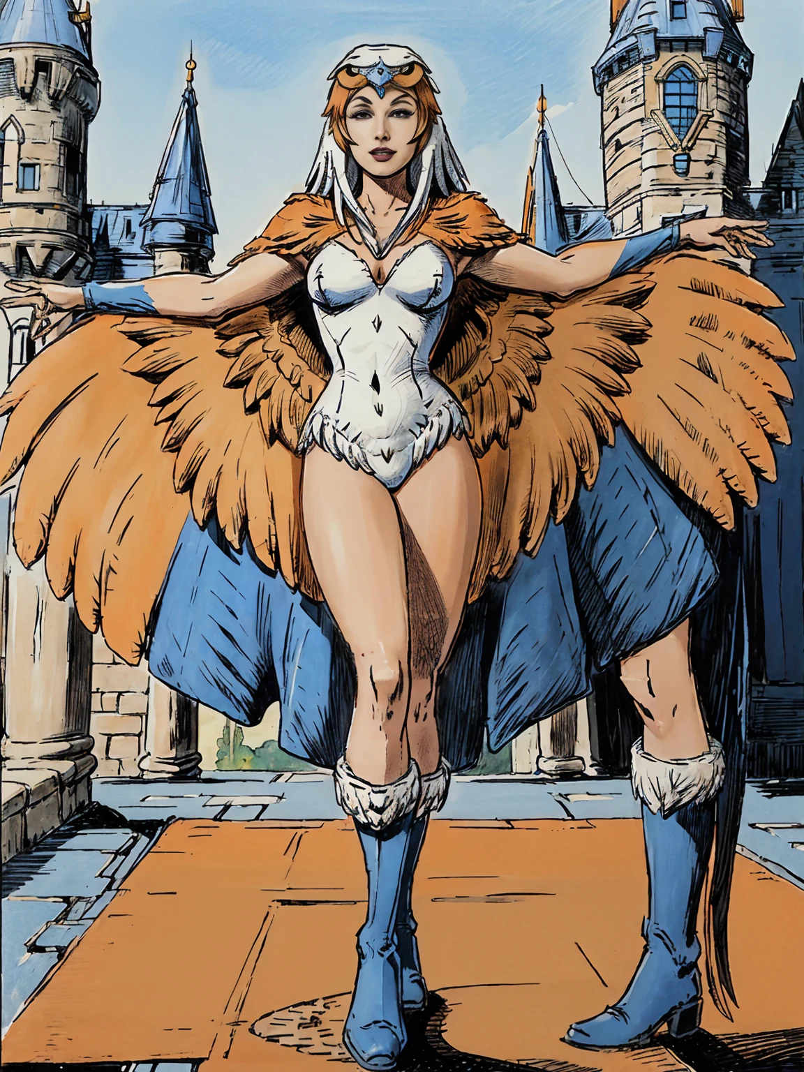 ((full body photo, standing, feet on the ground))((1girl)), full body, motu_sorceress, gorgeous woman, realistic, blue and white long sleeved v-neck bodysuit with feather detailing,  eagle headdress, (orange and blue feather cloak:1.2), blue boots with white fur trim, (extremely detailed 8k wallpaper), masterpiece, best quality, ((intricate detail)), absurdres, ((perfect face)), ((perfect hands:1.3)), (soft smile:1.3), dynamic angle, dynamic pose, ((fantasy castle setting:1.2)), outdoors,