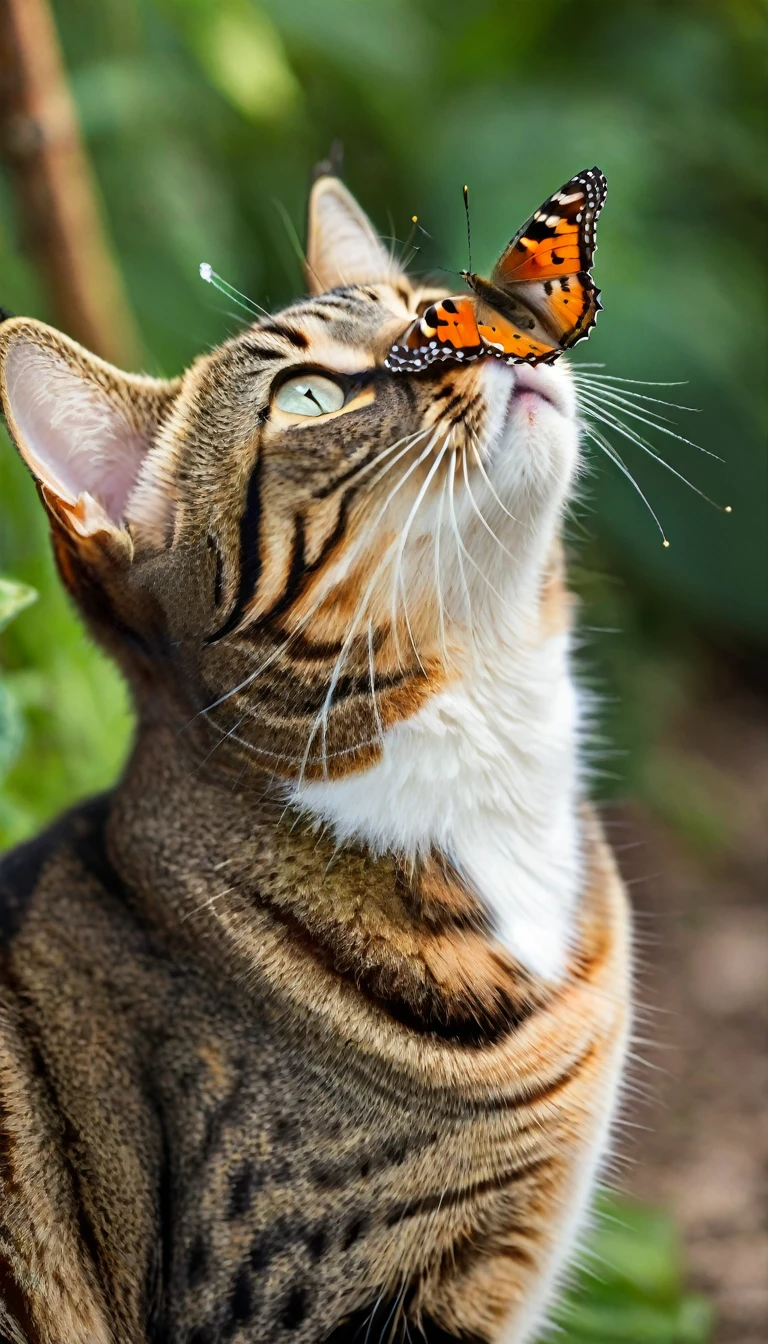 A curious cat gazes upwards, ((with a small butterfly perched delicately on the tip of its nose. The cat’s surroundings are softly blurred)), allowing the feline and its unexpected visitor to take center stage. The cat’s expression is one of gentle wonder, as it focuses its attention on the butterfly resting upon its nose,((アクアマリンの瞳))