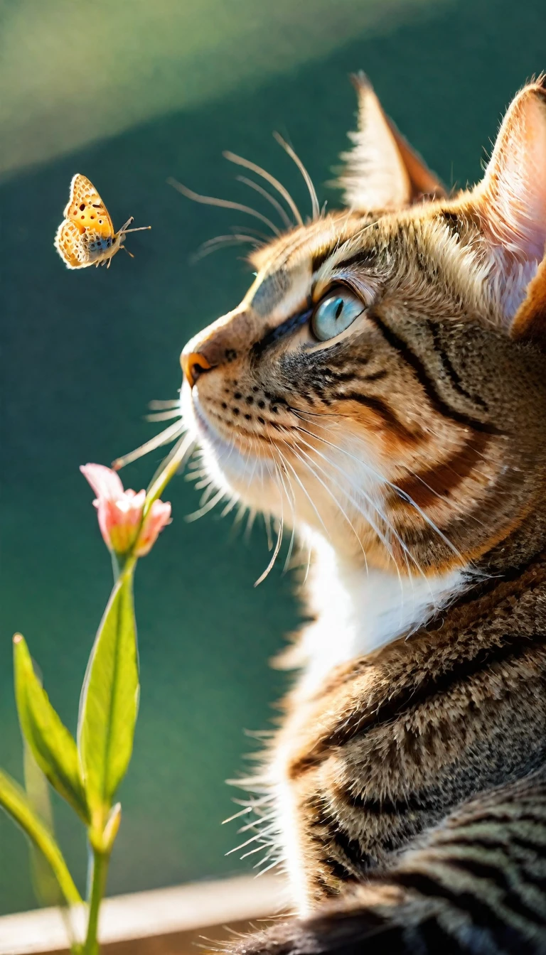 A curious cat gazes upwards, ((with a small butterfly perched delicately on the tip of its nose. The cat’s surroundings are softly blurred)), allowing the feline and its unexpected visitor to take center stage. The cat’s expression is one of gentle wonder, as it focuses its attention on the butterfly resting upon its nose,((アクアマリンの瞳))