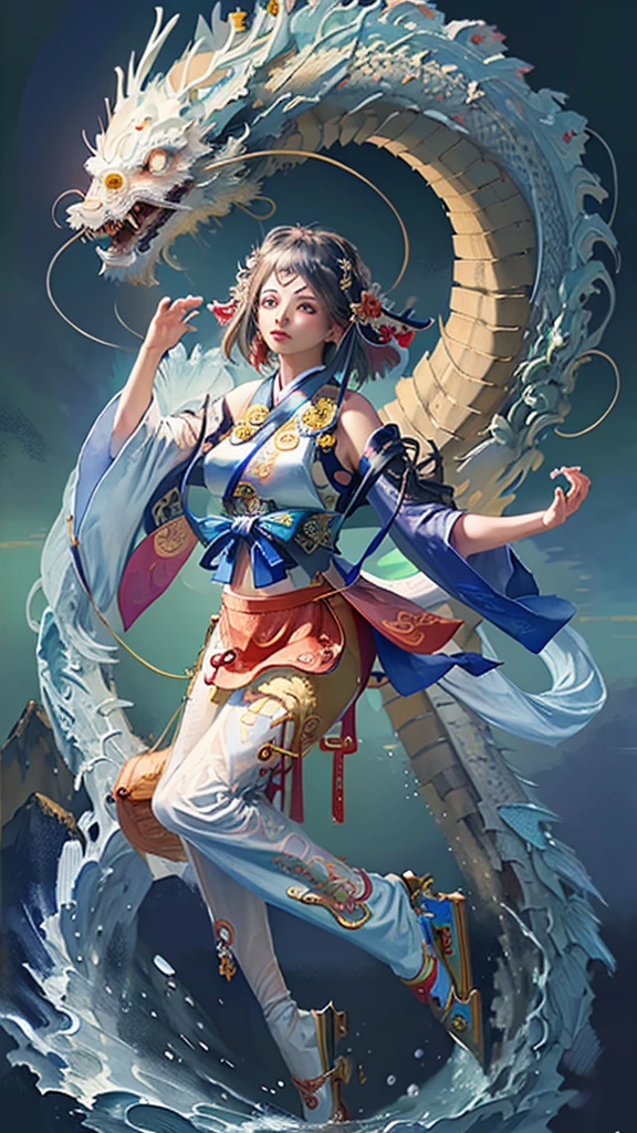 Official Art, Unified 8K Wallpapers, Ultra Detailed, Beautiful and Aesthetic, Masterpiece, Best Quality, (Zentangle, Tangle, Entangle), (fractal art: 1.4), 1girl, black hair, Chinese, bare shoulders, short skirt, calf, navel, very detailed, dynamic angle, cowboyshot, (most beautiful form chaos), flowing, (bright colors), oc, (half: 1.2), china, (thangka flying sky: 1.5), (ribbon: 1.3), (dream: 1.5), (hanfu: 1.5), Chinese dragon, Chinese phoenix, (smile: 0.5), (Chinese deity),