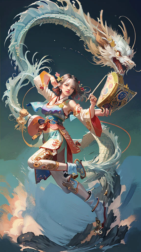 Official Art, Unified 8K Wallpapers, Ultra Detailed, Beautiful and Aesthetic, Masterpiece, Best Quality, (Zentangle, Tangle, Entangle), (fractal art: 1.4), 1girl, black hair, Chinese, bare shoulders, short skirt, calf, navel, very detailed, dynamic angle, cowboyshot, (most beautiful form chaos), flowing, (bright colors), oc, (half: 1.2), china, (thangka flying sky: 1.5), (ribbon: 1.3), (dream: 1.5), (hanfu: 1.5), Chinese dragon, Chinese phoenix, (smile: 0.5), (Chinese deity),