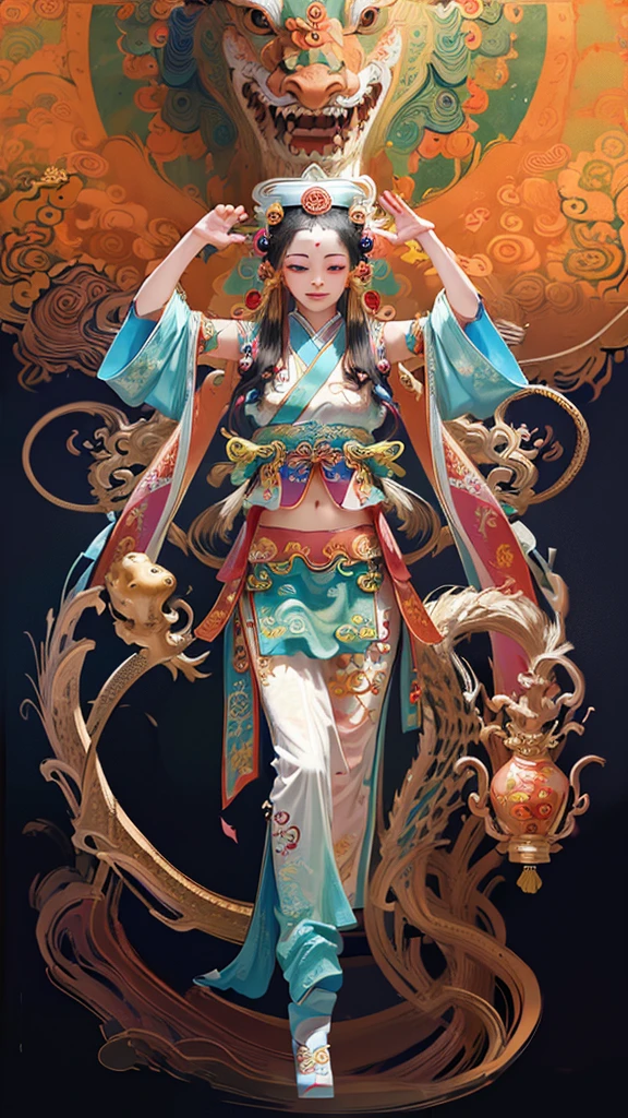 Official Art, Unified 8K Wallpapers, Ultra Detailed, Beautiful and Aesthetic, Masterpiece, Best Quality, (Zentangle, Tangle, Entangle), (fractal art: 1.4), 1girl, black hair, Chinese, bare shoulders, short skirt, calf, navel, very detailed, dynamic angle, cowboyshot, (most beautiful form chaos), flowing, (bright colors), oc, (half: 1.2), china, (thangka flying sky: 1.5), (ribbon: 1.3), (dream: 1.5), (hanfu: 1.5), Chinese dragon, Chinese phoenix, (smile: 0.5), (Chinese deity),