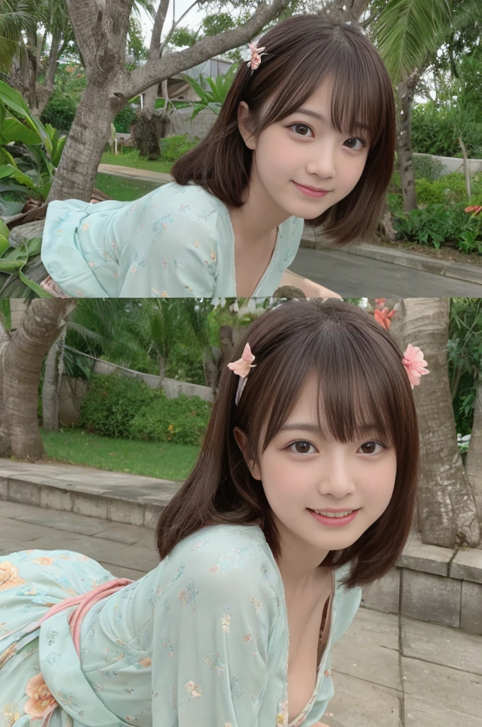 (Best Quality,4K, 8K, hight resolution, masutepiece:1.2), Ultra-detailed, (Realistic, Photorealsitic:1.37), 1girl in, (Perfect body :1.2), Ultra-detailed face, Detailed lips, Detailed eyes, Sexy double eyelids, Beautiful detailed eyes, Beautiful detailed lips, sexy flirty pose, Young beautiful Japanese woman wearing hanbok, look happy, and look at the audience, Tropical seas, low angles