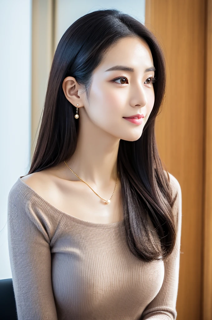 company office,executive secretary,((full body)),((photo)),((best qualtiy, 8K, tmasterpiece:1.3)), Focus:1.2, perfect figure beautiful girl:1.4,1girl,cowboy shot,look at viewer, eyes facing the camera,incredibly absurd, beautiful and cute girl with a photorealistic face, showcasing top-quality craftsmanship, Japanese woman working in an office, 22 years old, hairstyle is black bob hair, inward curling hair reaching the jaw line, thin and soft hair, wide forehead with beautiful hairline, thin eyebrows, large almond-shaped eyes, light brown eyes, long eyelashes, double eyelids, straight nose, small lips, smile with upturned corners, fair and translucent skin, plump cheeks, cute impression, glamorous, tall, well-balanced proportions, large E-cup breasts, beige V-neck knit, white tight skirt, heeled pumps, pearl necklace and earrings, small bag, gold watch, beautiful, pretty older woman, neat, serious, hardworking, kind, considerate, highly trusted by those around her, April