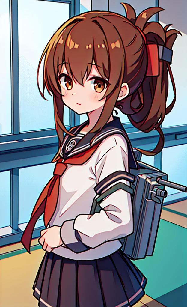 masterpiece,Highest quality,1 Girl,alone,Pokémon-like art style, inazuma \(kancolle\), brown hair, folded ponytail, long hair, brown eyes, (MASTERPIECE, BEST QUALITY:1.2),ILLUSTRATION,8K,HD,1GIRL,SOLO,UPPER BODY,(PORTRAIT:1.2),BROWN_HAIR,FOLDED_PONYTAIL,BROWN_EYES,SERAFUKU,LONG_HAIR,SCHOOL_UNIFORM,SKIRT,PLEATED_SKIRT,