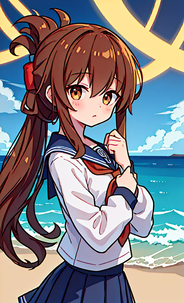 masterpiece,Highest quality,1 Girl,alone,Pokémon-like art style, inazuma \(kancolle\), brown hair, folded ponytail, long hair, brown eyes, (MASTERPIECE, BEST QUALITY:1.2),ILLUSTRATION,8K,HD,1GIRL,SOLO,UPPER BODY,(PORTRAIT:1.2),BROWN_HAIR,FOLDED_PONYTAIL,BROWN_EYES,SERAFUKU,LONG_HAIR,SCHOOL_UNIFORM,SKIRT,PLEATED_SKIRT,