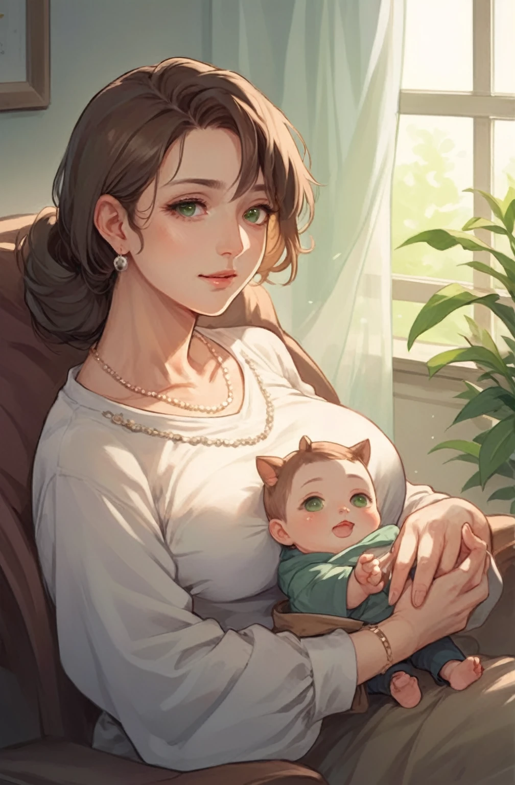 anime woman with short shoulder length soft brown hair and green brown eyes, older, motherly, milf, full figure, beautiful, high quality portrait, kawaii realistic portrait, artwork in the style of guweiz, kawacy, mother, high quality fanart, detailed fanart, wlop and sakimichan, made with anime painter studio, cute portrait, motherly, detailed digital anime art