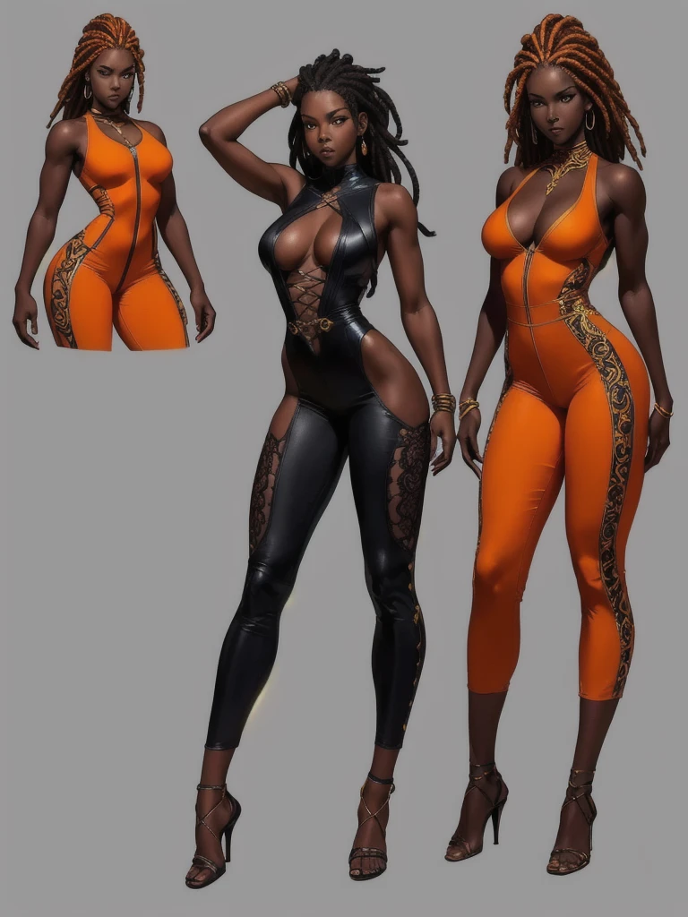 ((best quality)), ((4k)), ((highres)), ((masterpiece:1.2)). ((detailed)), ((ultra realistic)), ((intricate details)), ((full body picture)), a full body picture of a beautifull Ebony skinned female, black woman, dark skin, ebony princess, ebony model, perfect face, detailed eyes, detailed lips, posing with her arms above her head, ((arms above her head)), about 25 years old, about 5'7 ft. tall, long thin dreadlocks down to her hips, ((emphasis on her long thin dreadlocks down to her hips)), pretty, feminine woman, toned body but not too muscular looking, hourglass figure, dressed in a skin-tight sleeveless full body orange jumpsuit, ((emphasis on the skin-tight sleeveless full body orange jumpsuit)), gold adornments, showing cleavage, glamorous, strappy lace up high, fighting game character concept art, tekken character design, the king of fighters character concept, full bofy, full body concept art, full body art
