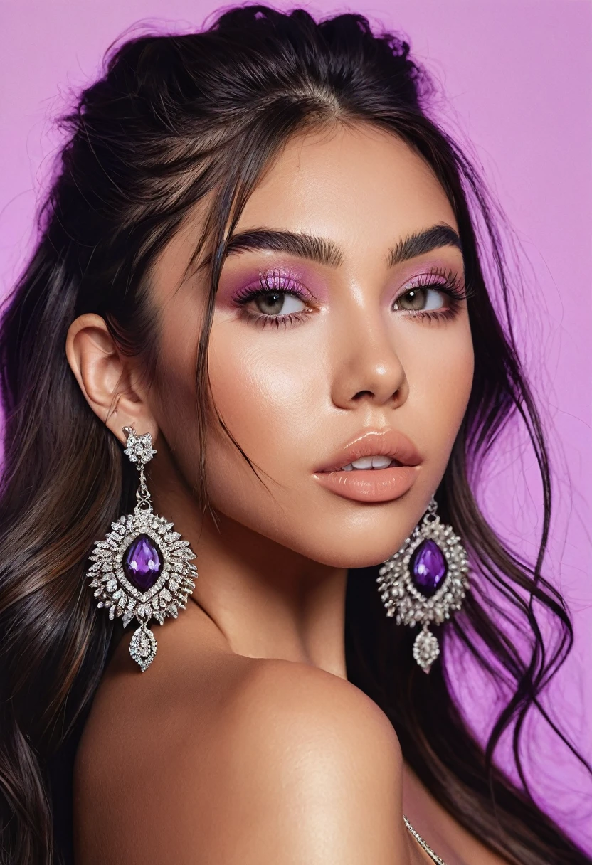 a close up of a woman with long hair and earrings, a digital rendering inspired by Briana Mora, instagram, digital art, violet myers, madison beer girl portrait, madison beer, :: madison beer, soft devil queen madison beer, alanis guillen, portrait sophie mudd, pokimane, gorgeous latina face, tanned ameera al taweel