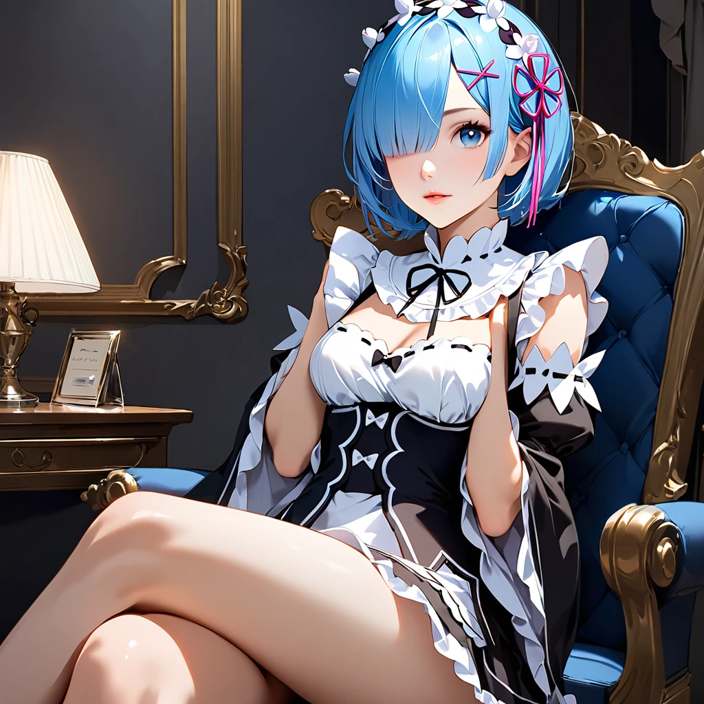 score_9, score_8_up, score_7_up, rem_\(re:zero\)
blue_eyes,hair_over_one_eye,short_hair,blue_hair,hair_ribbon,roswaal_mansion_maid_uniform, 1girl, solo, sitting, crossed legs,
Masterpiece, best quality, detailed eyes, perfect face, award winning, hyper-realistic
