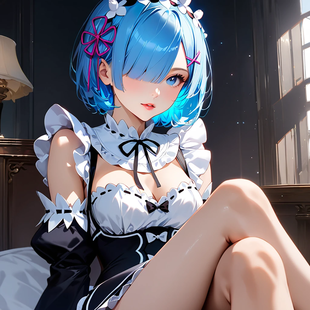 score_9, score_8_up, score_7_up,  (masterpiece, best quality, very aesthetic, ultra detailed, source anime, anime, intricate details), rem_\(re:zero\)
blue_eyes,hair_over_one_eye,short_hair,blue_hair,hair_ribbon,roswaal_mansion_maid_uniform, 1girl, solo, sitting, crossed legs, from below