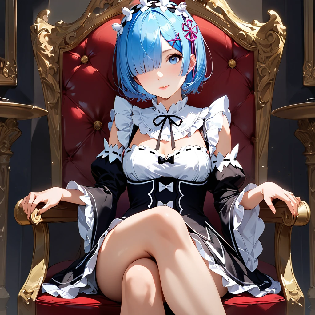 score_9, score_8_up, score_7_up, rem_\(re:zero\)
blue_eyes,hair_over_one_eye,short_hair,blue_hair,hair_ribbon,roswaal_mansion_maid_uniform, 1girl, solo, sitting, crossed legs,
Masterpiece, best quality, detailed eyes, perfect face, award winning, hyper-realistic