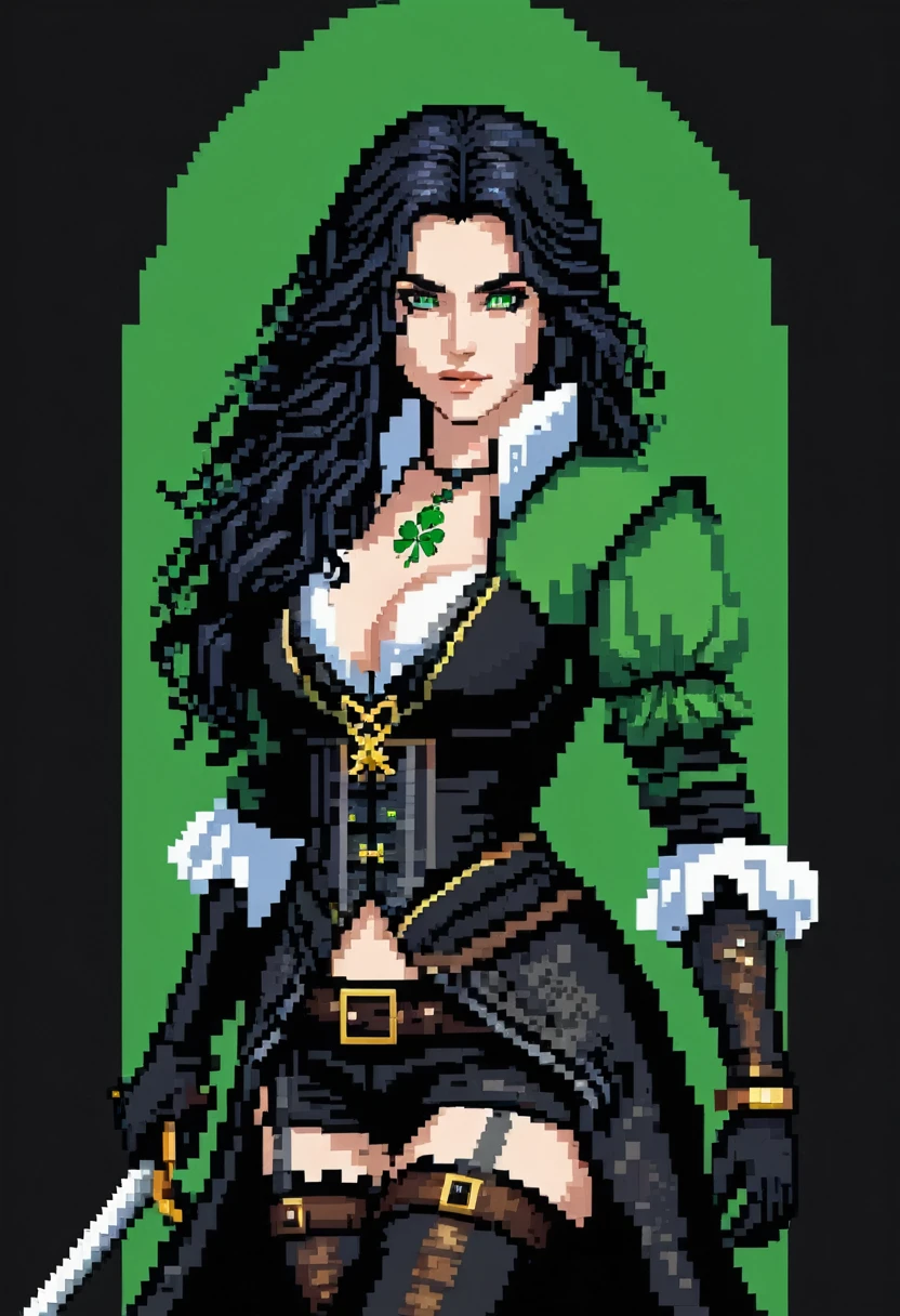 Pixel-Art, seductive assassin,Yennefer, witcher game character, St. Patrick's Day style, Pixelated, Leonardo Style,