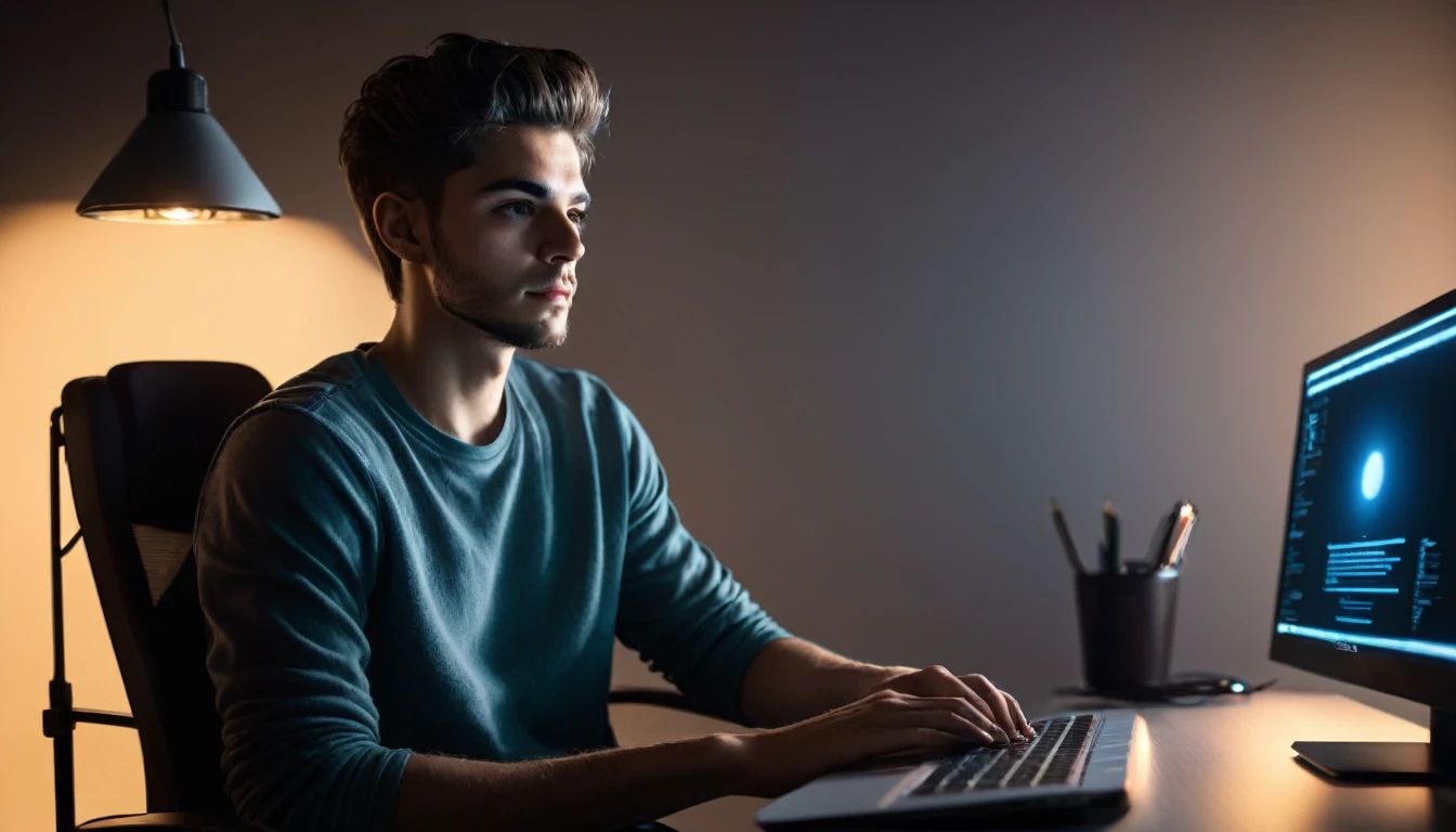 A young man sitting in a chair in front of the computer , no quarto escuro , just the light from the monitor illuminating your face,PICTURE REALISTIC, high resolution, 8K 