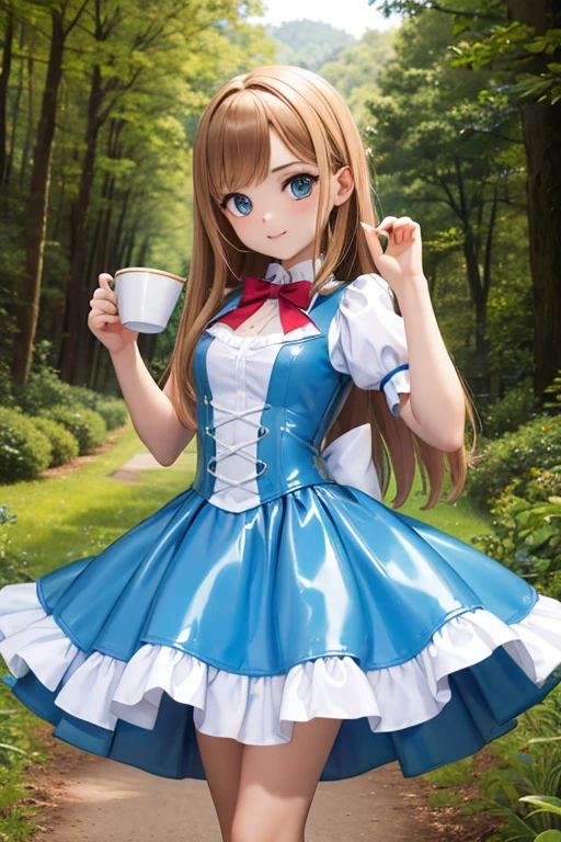 Highest quality,Highest Resolution,(((Latex Dress)))　Alice in Wonderland　　A Cup　forest