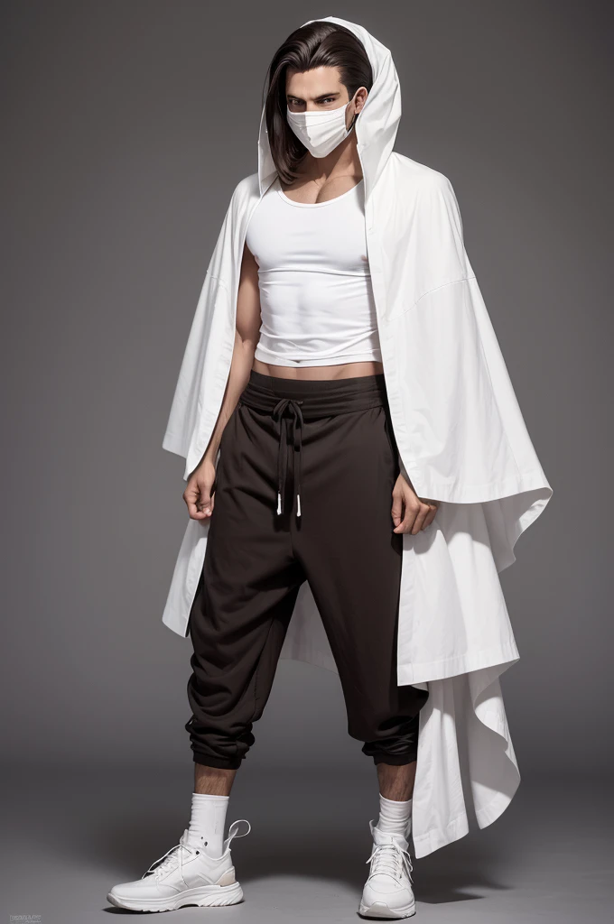 Um arrancar de Bleach, he has light brown skin, dark brown eyes with dark circles, dead and lifeless, dark brown hair in a medium slicked back fade haircut, he wears a white poncho, gray Capri harem pants, black shoes with white stripes, and he is tall and skinny and has a Hollow mask, half of a dragon skull.