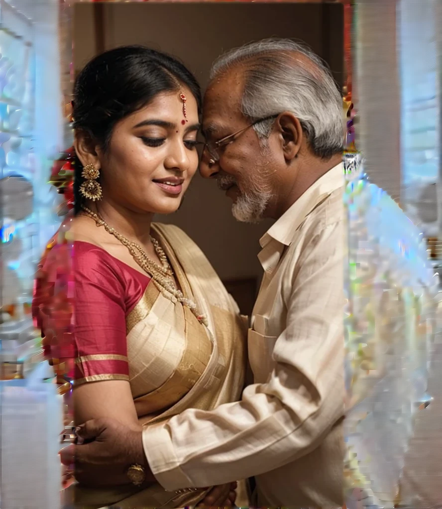 A radiant, full-figured South Indian plus-sized 30 year old teacher wearing a cream silky saree tenderly hugging and kissing a group of jubilant 20-year-old men in kitchen, captured in a full-body image with vibrant hues and meticulous details.
