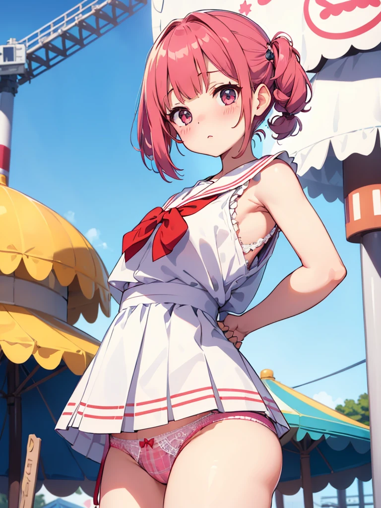 whole body、high quality、(Big Girl)、cute hairstyle、cute hair dye、white sailor collar、Sweet plaid pleated mini skirt、amusement park、、 ((blush、Cute lace panties))、(((Arms folded behind back)))、Angle from directly below